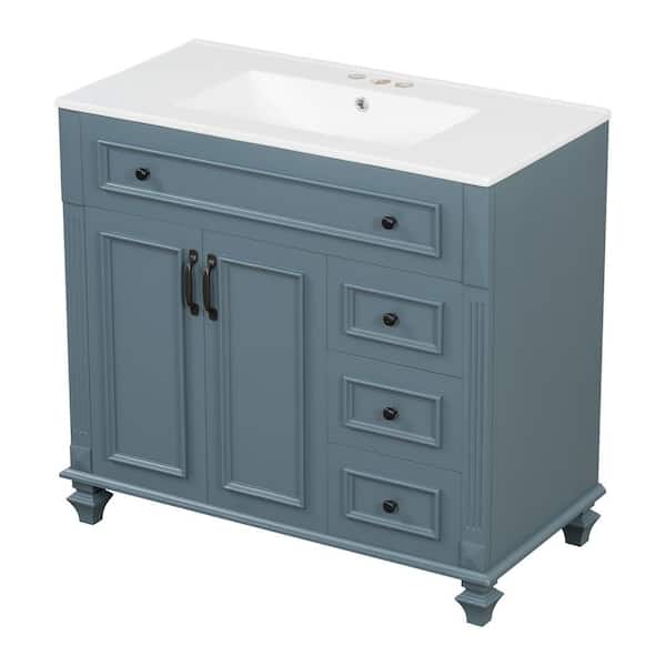 Baye 36 in. W Freestanding Blue Grey Bath Vanity with White Ceramic Top Unassembled