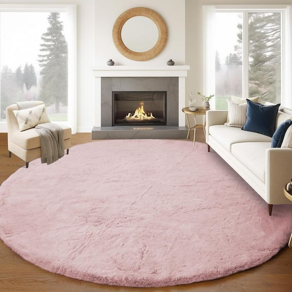 Pink Large Round Area Rug 8 ft. x 8 ft. Fluffy Faux Fur Rug Furry Fuzzy Rug Area Rug