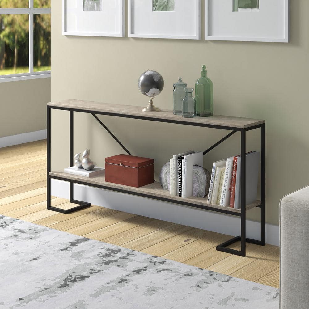 Farmhouse V-Back 64" Blackened Bronze & Antiqued Gray Oak Console Table with Shelf