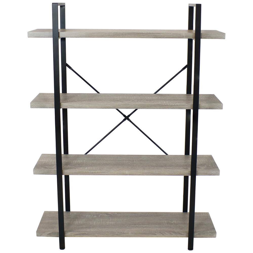 Oak Gray 4-Tier Adjustable Industrial Bookshelf with Steel Frame