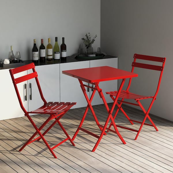 Unbranded Leisurely 3-Piece Foldable Metal Outdoor Patio Bistro Set in Red with Squar Bistro Tabel