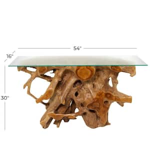54 in. Brown Extra Large Rectangle Teak Wood Handmade Live Edge Tree Stump Console Table with Clear Glass Top
