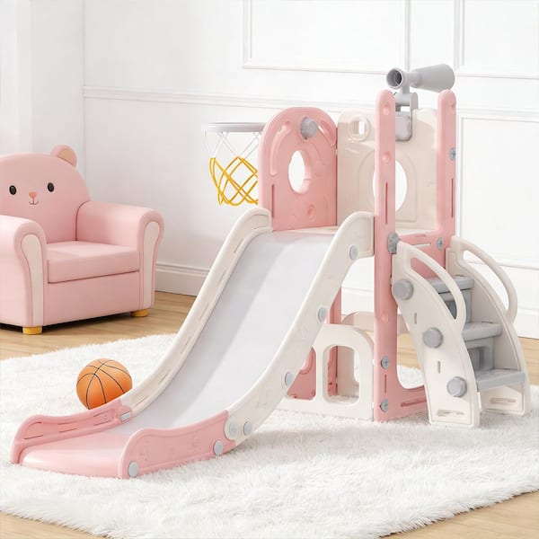 6-in-1 Toddler Slide Climber with Basketball Hoop and Telescope, ASTM HDPE Indoor Outdoor Playset