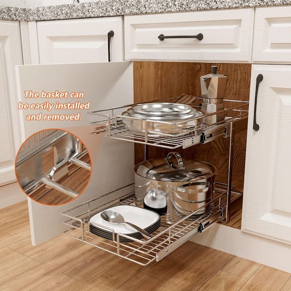 2 Tier Pull Out Cabinet Organizer(20W X 18D ), Double Tier Wire Basket Slide  Out Shelf Storage for Kitchen Base Cabinet Organization for Kitchen,  Pantry, Bathroom, Chrome 
