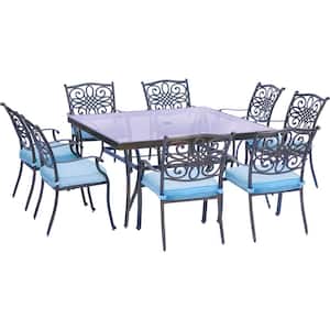 Traditions 9-Piece Aluminum Outdoor Dining Set with Square Glass-Top Table with Blue Cushions