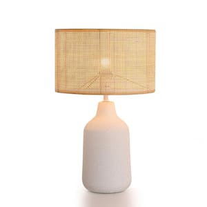 Athena 21 in. White Speckle Ceramic Table Lamp with Natural Rattan Shade