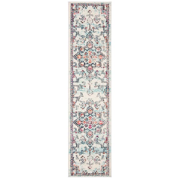 SAFAVIEH Madison Cream/Blue 2 ft. x 18 ft. Distressed Border Runner Rug