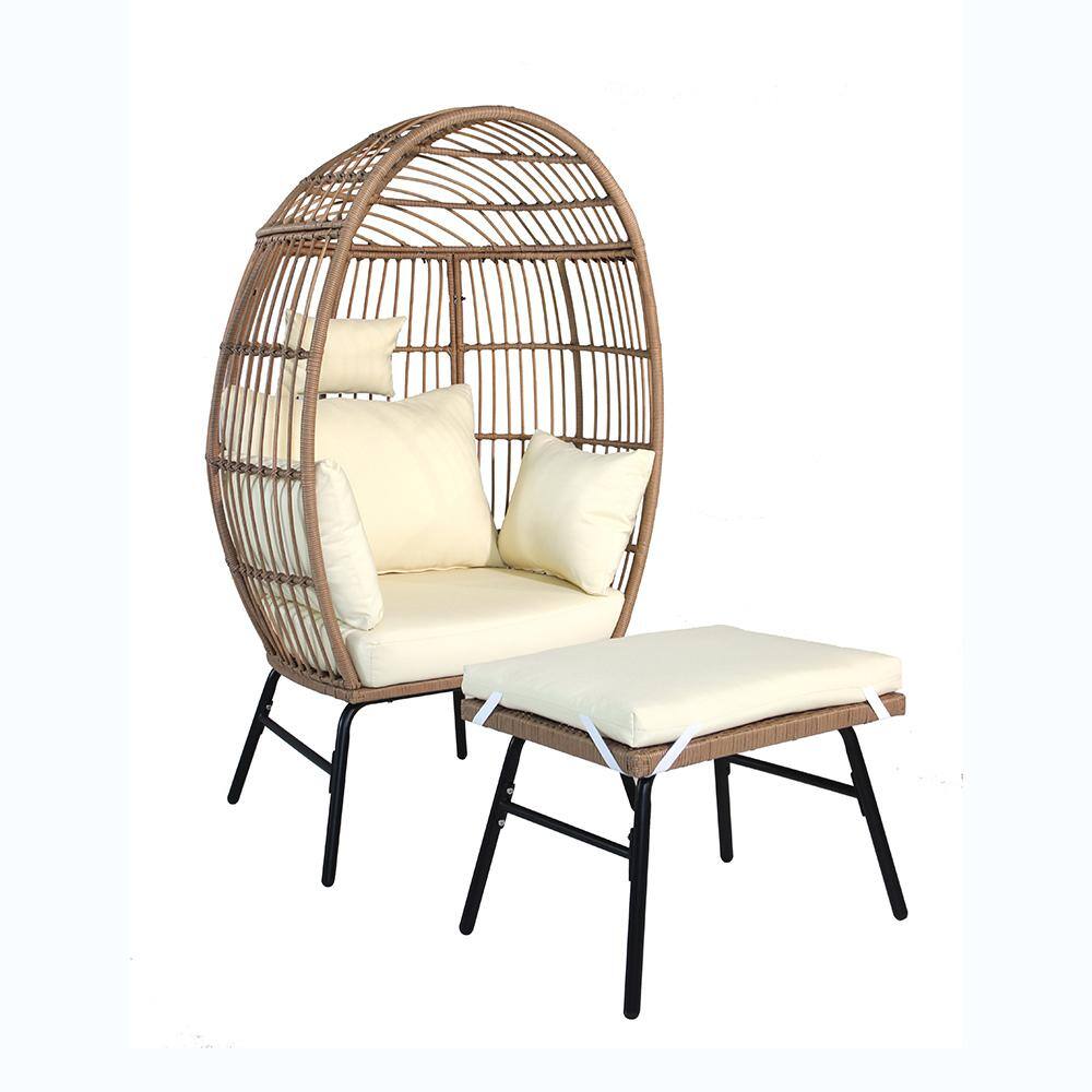 Wicker Outdoor Egg Chair Chaise Lounge with Beige Cushions And Footstool Pa