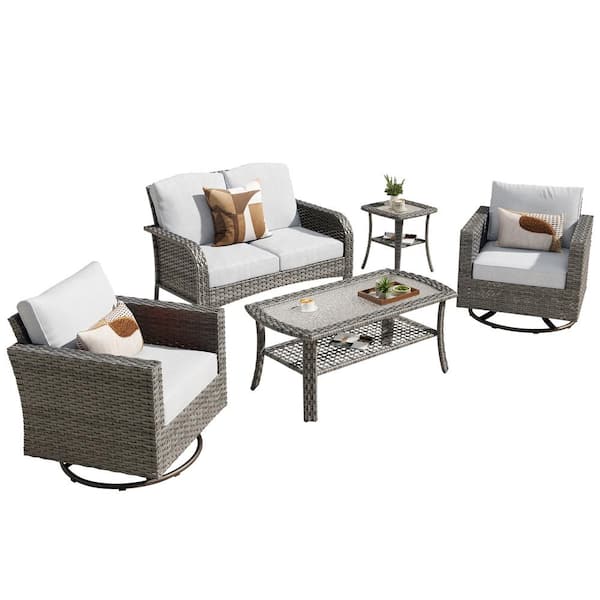 Missisi Gray 5-Piece Wicker Patio Conversation Set with Gray Cushions and Swivel Chairs