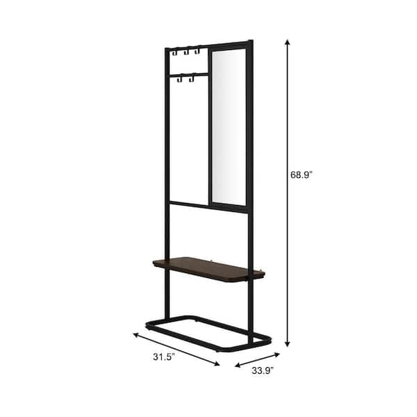 Modern Black Metal and Wood Hall Tree with Mirror