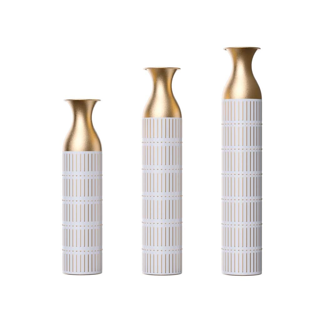 24/28.7/33.5 in. White Metal Floor Decorative Vase with Glazed for Indoor D