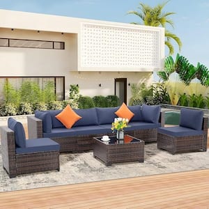 7-Piece Brown Wicker 6-Seat Outdoor Sectional Set with Blue Cushions