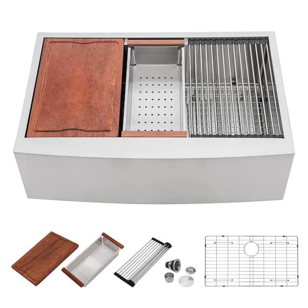 36" Stainless Steel Farmhouse Sink, Single Bowl Apron Front, with Workstation & Accessories, Undermount Installation