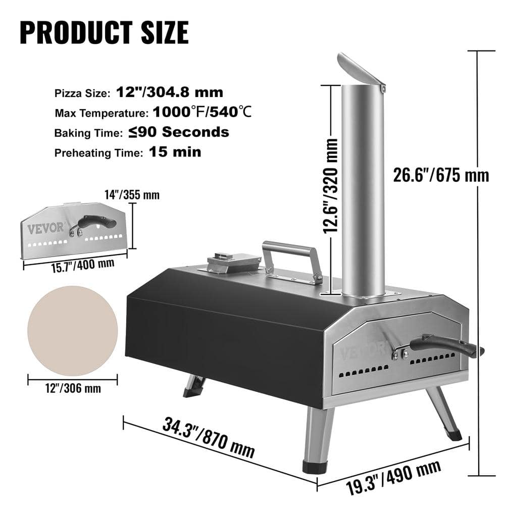 VEVOR 12-Inch Black and Stainless Steel Gas and Wood Outdoor Pizza Oven