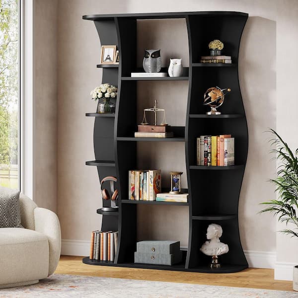 BYBLIGHT Eulas 71 in. Tall Black Engineered Wood 5-Shelf Etagere Bookcases,Floor Standing Display Storage Shelves for Home Office
