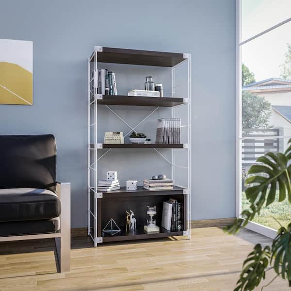 Leisuremod Brentwood Etagere 4 Shelves Modern Bookcase with White Stainless Steel Frame and Melamine Board Shelves in Dark Walnut