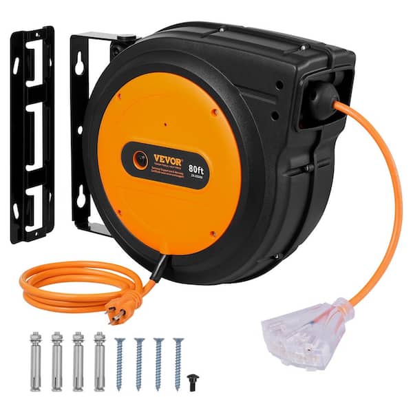 VEVOR 80 ft. 12/3 15Amp Retractable Extension Cord Reel Heavy Duty SJTOW Retractable Power Cord with Lighted Triple Tap Outlet