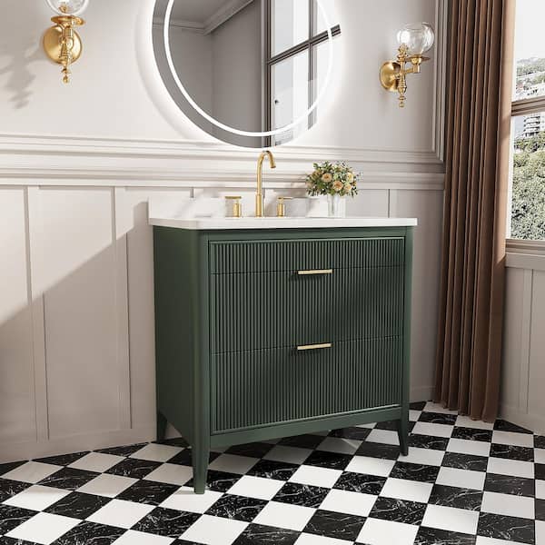 35.83 in. Freestanding Single Sink Fully Assembled Green Bath Vanity with White Engineered Marble Top Assembled