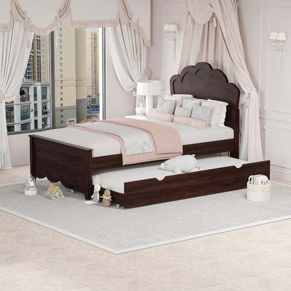 Qualler Brown Wood Frame Twin Size Platform Bed with Twin Size Trundle and Headboard