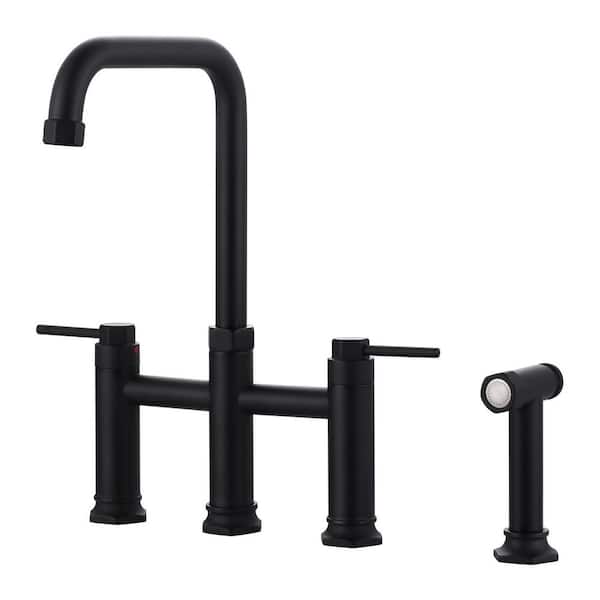 ALEASHA Double Handle Bridge Kitchen Faucet with Side Sprayer in Matte Black