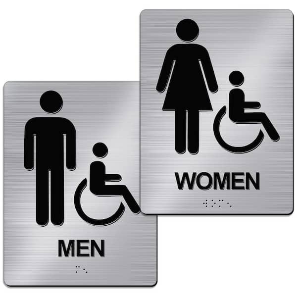 2 Pack 8 x 6 in. Aluminum Self-Stick ADA Braille Restroom Sign Handicap Men Women Bathroom Symbol for Office
