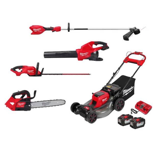 M18 FUEL 21 in Dual Battery Self-Propelled Mower w Blower, String Trimmer, Top Handle Chainsaw, (2) Batteries, Charger