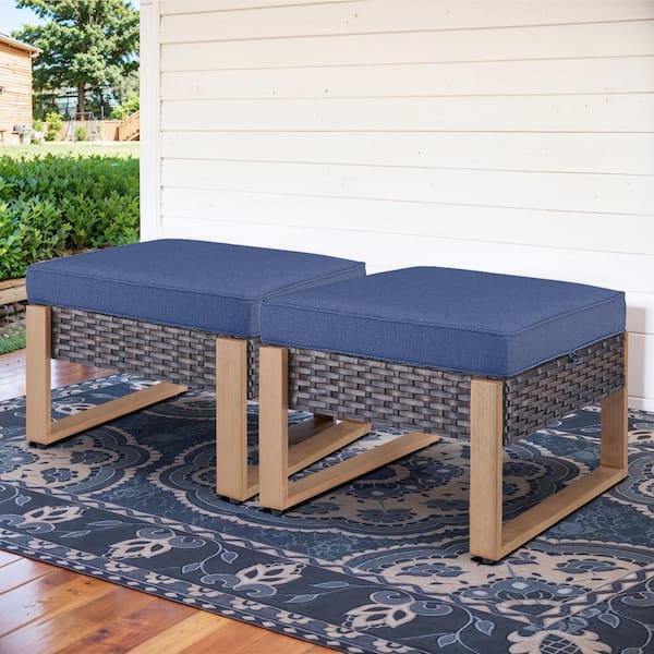 Opohoro MetalWood Metal and Brown Wicker Outdoor Ottoman with Olefin Navy Blue Cushion (2-Pack)