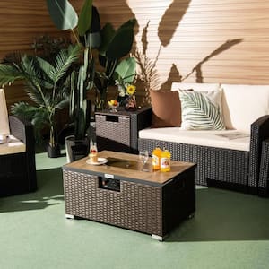 32 in. x 20 in. Brown Outdoor Propane Rattan Fire Pit Table Set with Side Table Tank and Cover