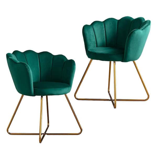 Angel Sar Green Velvet Accent Chair Dining Chair Conversation Lounge Chair with Petal Backrest and Gold Legs (Set of 2)