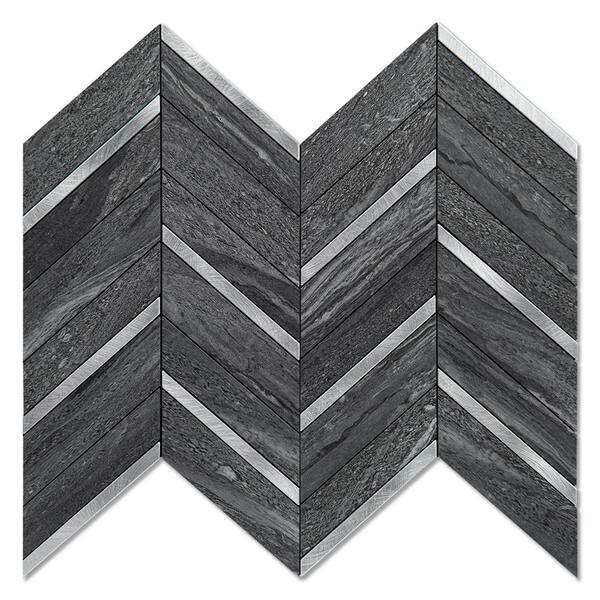 Art3d Herringbone Black Mixed Silver Metal 12.4 in. x 12.2 in. PVC Peel