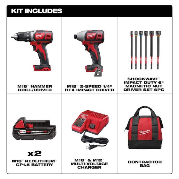 M1818VLithIon Cordless Drill&Impact/Driver Combo Kit(2)1.5Ah Batteries,Charger &SHOCKWAVE Impact Duty 6in NutDriver(6PC)
