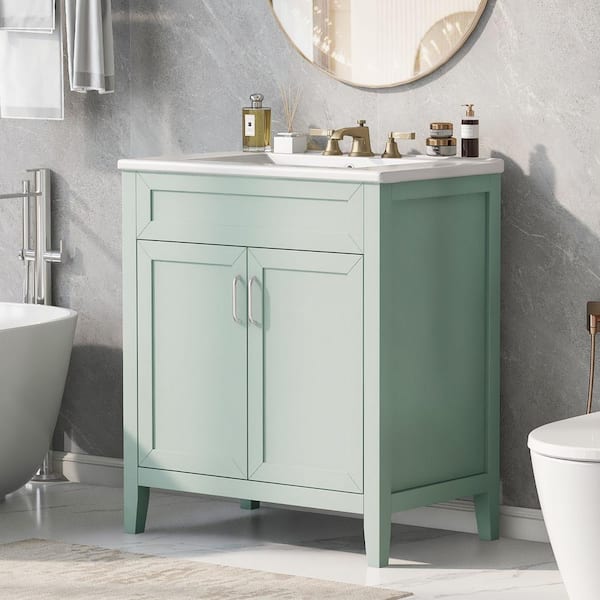 EPOWP 30 in. W x 18 in. D x 33.85 in. H Single Sink Freestanding Bath Vanity in Green with White Ceramic Top and Storage