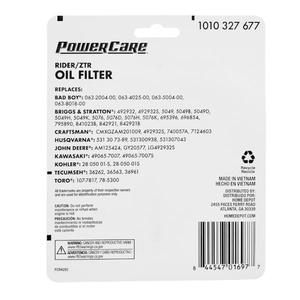 PowerCare Oil Filter for Briggs and Stratton, John Deere and others,  Replaces OEM Numbers 063-4025-00, 492932, AM125424 PCR4292 - The Home Depot