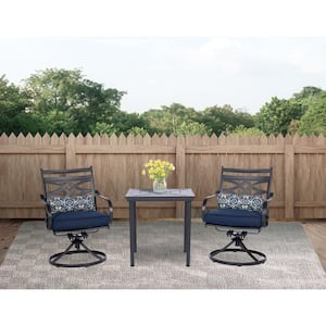 Montclair 3-Piece Steel Outdoor Bistro Set with Navy Blue Cushions, 2 Swivel Rockers and 27 in. Table