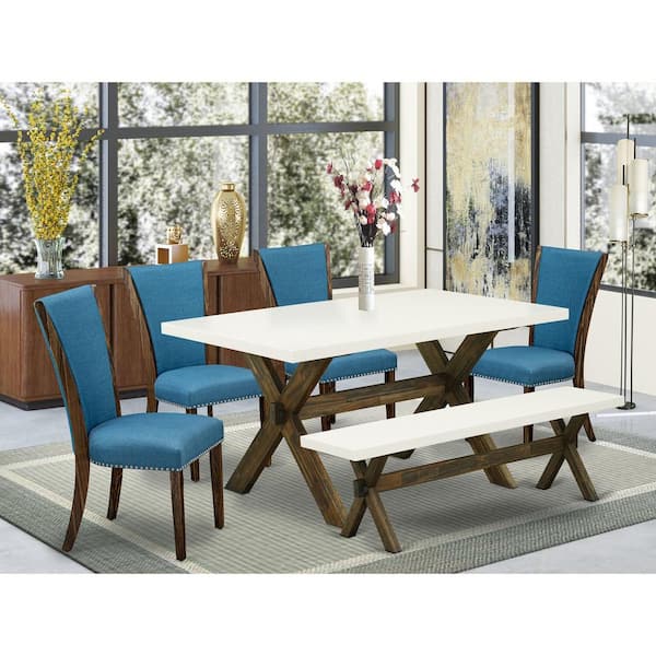 East West Furniture 6-Piece Rectangle Distressed Jacobean Finish Solid Wood Top Dining Table with 1-Bench, 4-Chairs with Lattice Back