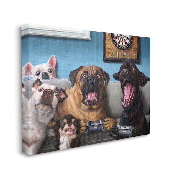 "Funny Dogs Playing Video Games Pet Portrait" by Lucia Heffernan Unframed Animal Canvas Wall Art Print 36 in. x 48 in.