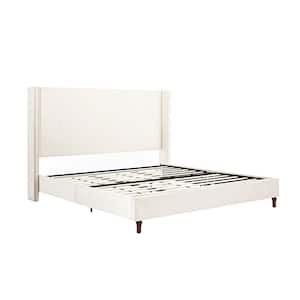 Peyton Ivory Velvet Upholstery and Wood Frame King Platform Bed with Wingback