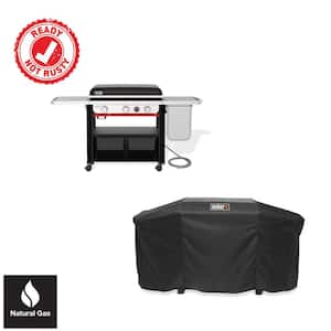 Slate Griddle 3-Burner Natural Gas 30 in. Flat Top Grill in Black with Extendable Side Table and Grill Cover