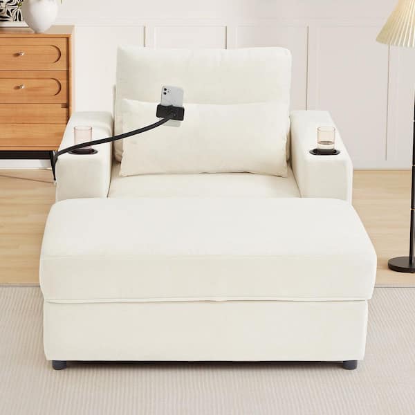 Beige Chenille Arm Chair with Storage Ottoman, 2 USB Ports, 2 Cup Holders, a Phone Holder and Side Pockets