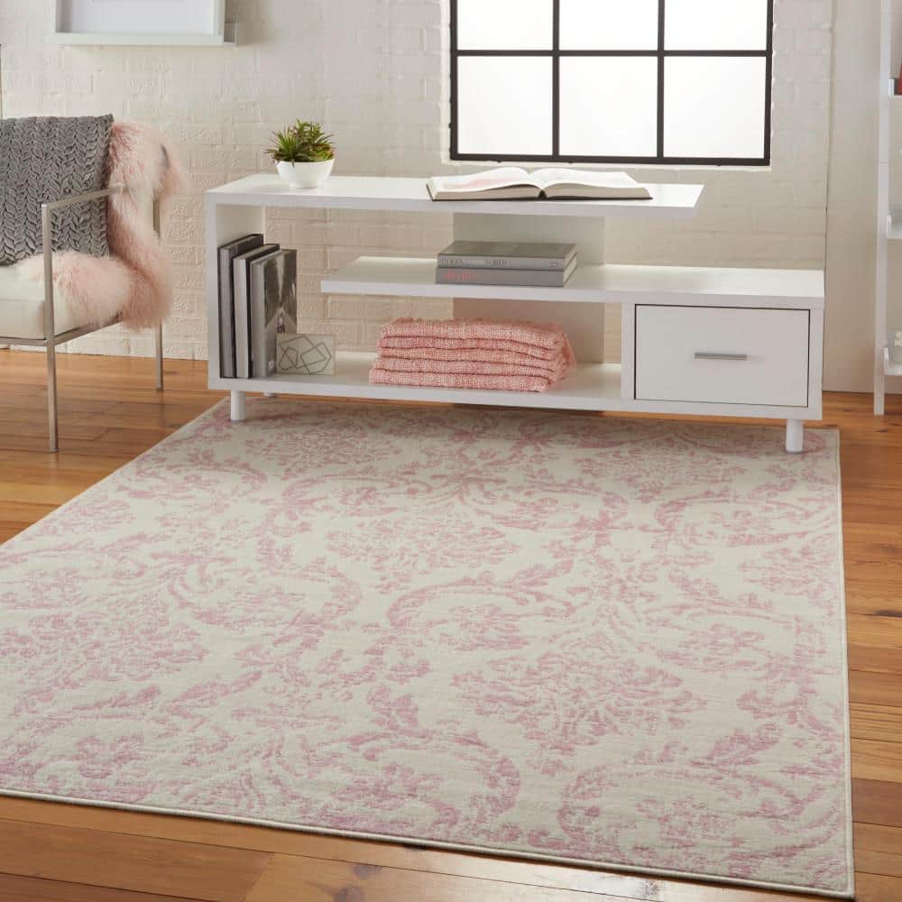 Ivory and Pink Vintage Damask Area Rug