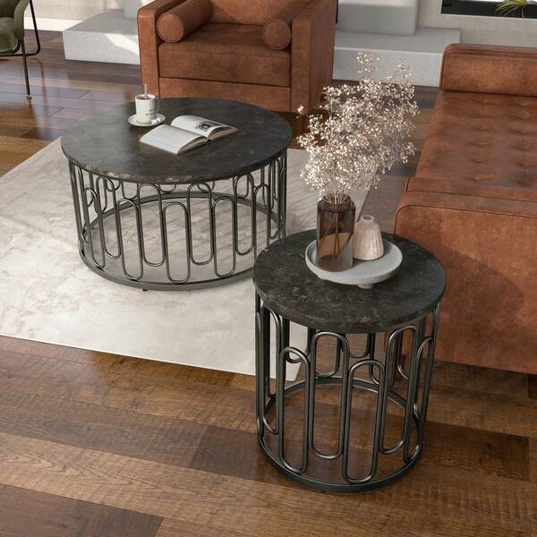 Furniture of America Farley 36 in. Black Round Stone Coffee