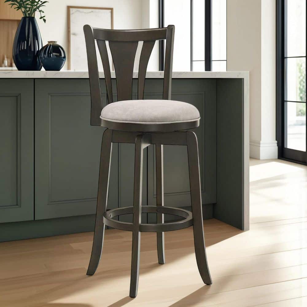 Elle 26 in. Gray/Dark Roast Rubberwood Bar Stool with Fabric Seat