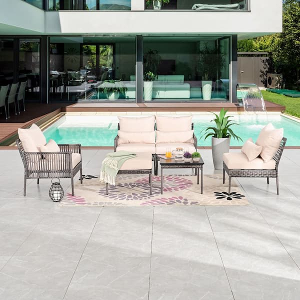 TOP HOME SPACE 6-Piece Wicker Patio Conversation Set with Beige Cushions