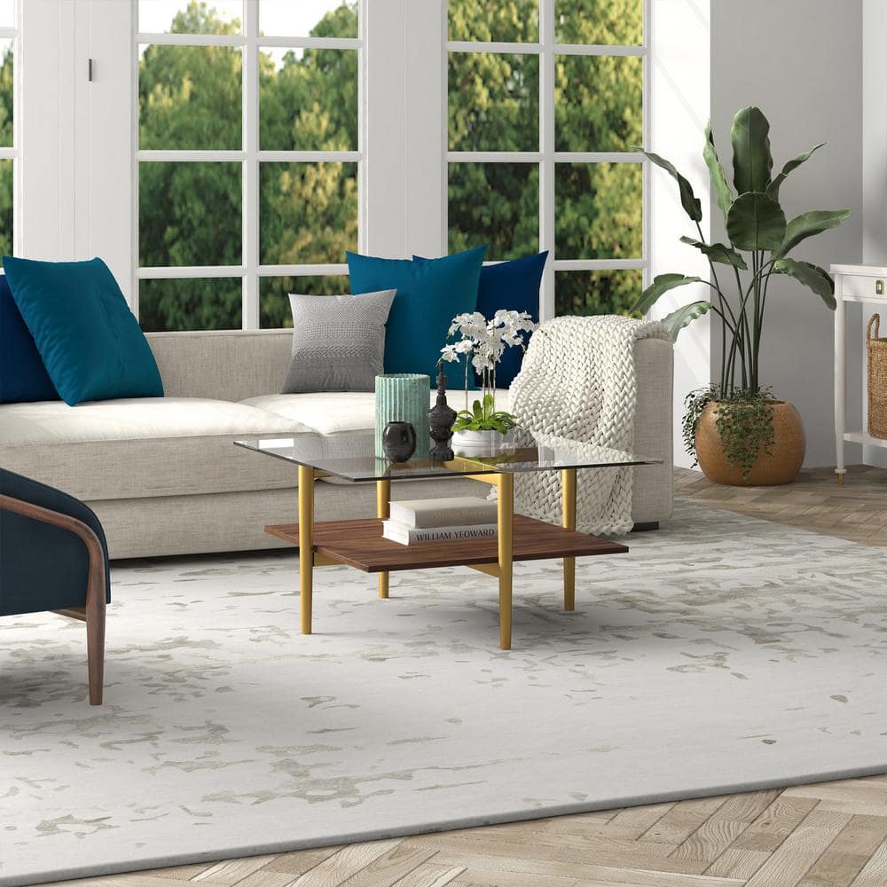 Mid-Century Modern Brass & Walnut Coffee Table with Glass Top