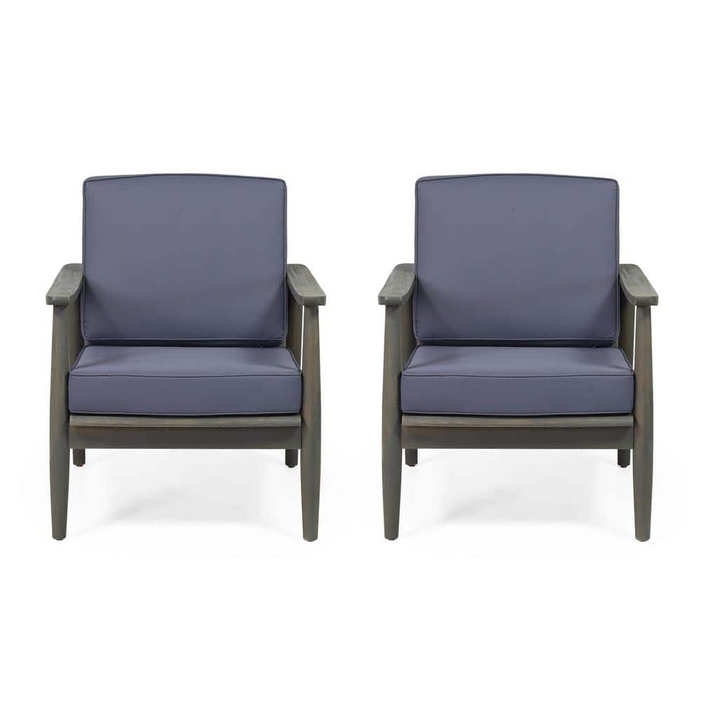 Gray Acacia Wood Outdoor Lounge Chairs with Dark Gray Cushions, Set of 2