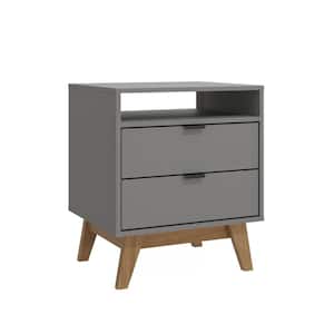 Alton 2 Drawer Nightstand with Niche, in Gray with Light Brown Legs, Storage Niche, Angled Legs, Aluminum Handles