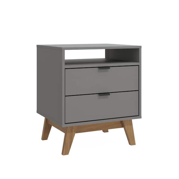 Unbranded Alton 2 Drawer Nightstand with Niche, in Gray with Light Brown Legs, Storage Niche, Angled Legs, Aluminum Handles