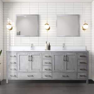 Jacques 84 in. W x 22 in. D Distressed Grey Double Bath Vanity, White Quartz Top, and 34 in. Mirrors