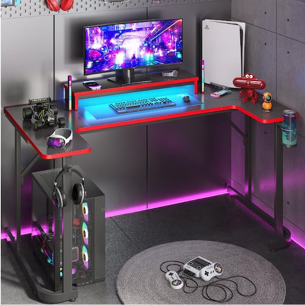 59.06 in. Black Carbon Fiber U Shaped Gaming Desk with LED Monitor Stand, Foldable Cup Holder and Headphone Hook