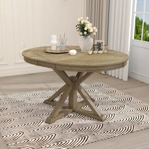 54.00 in. Rectangle Farmhouse Wood Top Extendable Pedestal Dining Table with a 12 in. Leaf Natural Wood Wash Seats for 6